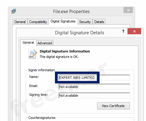 Screenshot of the EXPERT NBS LIMITED certificate